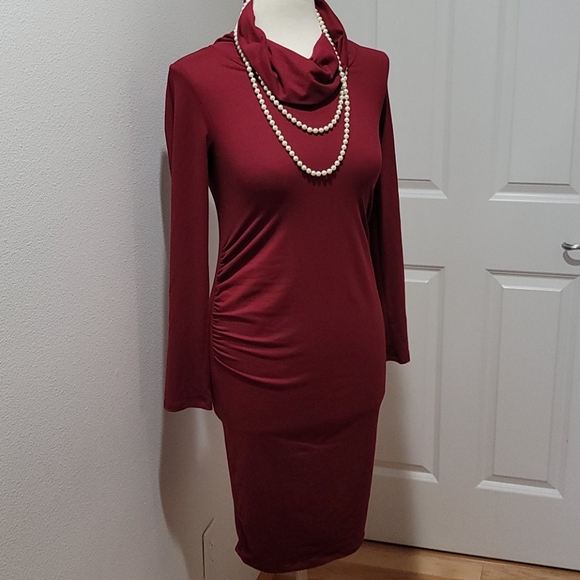 Motherhood Maternity Dresses & Skirts - CASUAL LONG SLEEVE MATERNITY BURGUNDY TURTLENECK MOTHER BEE BODYCON LONG DRESS S